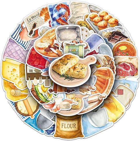 50PCS Baking Stickers, Waterproof Vinyl Watercolor Kitchen Utensil & Food Decor Decals for Skateboard, Fridge, Laptop, Phone, Luggage (1.64-2.28 Inches) in Kuwait