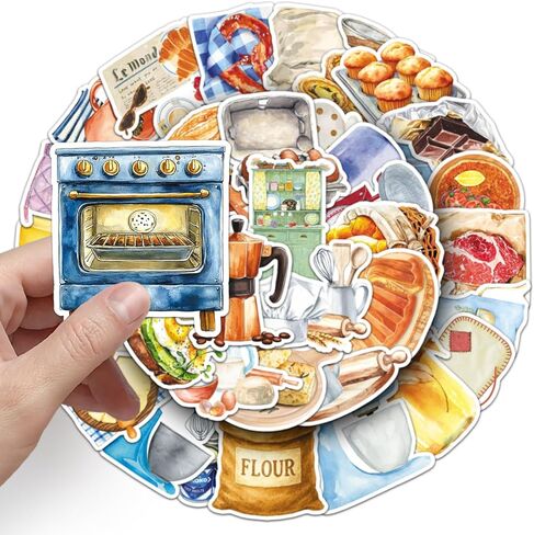 50PCS Baking Stickers, Waterproof Vinyl Watercolor Kitchen Utensil & Food Decor Decals for Skateboard, Fridge, Laptop, Phone, Luggage (1.64-2.28 Inches) in Kuwait