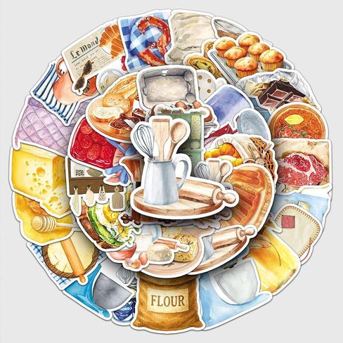 50PCS Baking Stickers, Waterproof Vinyl Watercolor Kitchen Utensil & Food Decor Decals for Skateboard, Fridge, Laptop, Phone, Luggage (1.64-2.28 Inches) in Kuwait