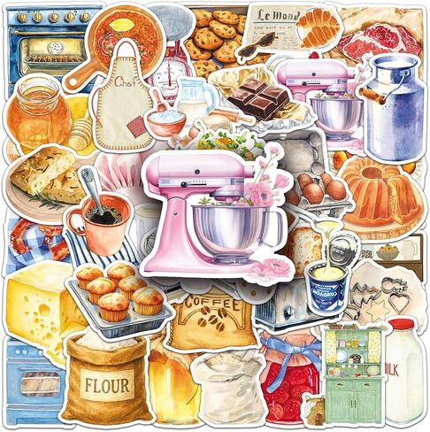 50PCS Baking Stickers, Waterproof Vinyl Watercolor Kitchen Utensil & Food Decor Decals for Skateboard, Fridge, Laptop, Phone, Luggage (1.64-2.28 Inches) in Kuwait