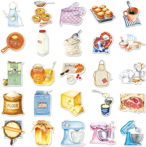 50PCS Baking Stickers, Waterproof Vinyl Watercolor Kitchen Utensil & Food Decor Decals for Skateboard, Fridge, Laptop, Phone, Luggage (1.64-2.28 Inches) in Kuwait