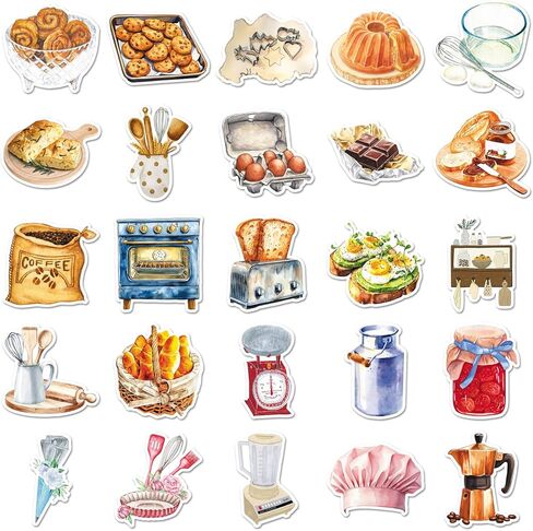 50PCS Baking Stickers, Waterproof Vinyl Watercolor Kitchen Utensil & Food Decor Decals for Skateboard, Fridge, Laptop, Phone, Luggage (1.64-2.28 Inches) in Kuwait