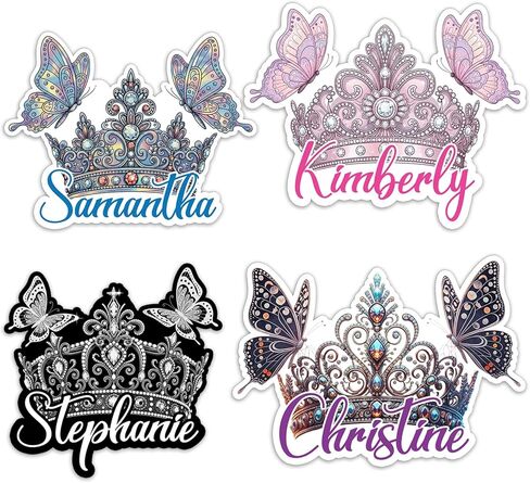 Custom Name Elegant Crown Butterfly Sticker Personalized Text Artistic Aesthetic Bling Decal Waterproof Removable Trendy Gift for Women, Men Laptop, Phone Water Bottle Tumbler Notebook Car Helmet in Kuwait
