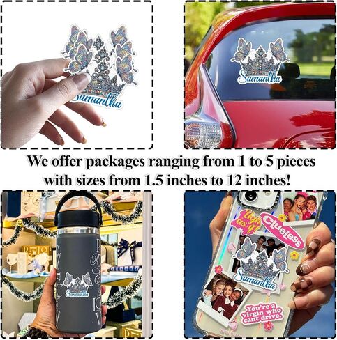 Custom Name Elegant Crown Butterfly Sticker Personalized Text Artistic Aesthetic Bling Decal Waterproof Removable Trendy Gift for Women, Men Laptop, Phone Water Bottle Tumbler Notebook Car Helmet in Kuwait