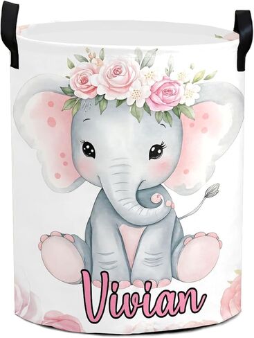 Personalized Elephant Pink Florals Laundry Basket with Name Waterproof Foldable Storage Bin for Bathroom Home Office Cloth in Kuwait