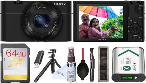 كاميرا سوني الرقمية المدمجة DSC-RX100 | مستشعر مميز بدقة 20.2 ميجابكسل مقاس 1 بوصة للتصوير الفوتوغرافي اليومي + بطاقة ذاكرة سعة 64 جيجابايت + برنامج صور + بطارية NP-BX1 + حزمة الملحقات (14 قطعة) in Kuwait