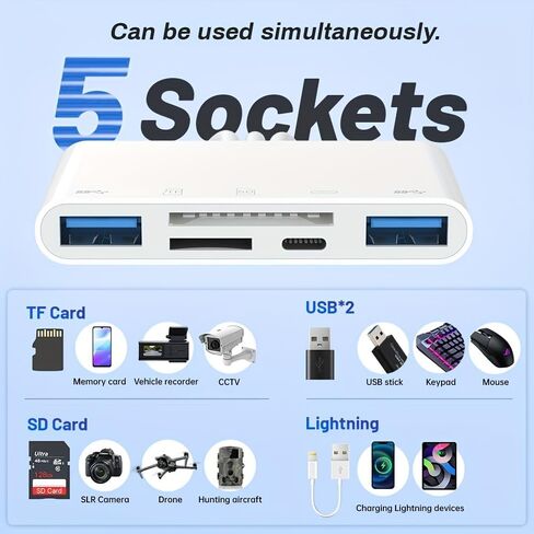 قارئ بطاقات ذاكرة متعدد الأجهزة، محول USB OTG 5 في 1، مع فتحات بطاقات Micro SD وSD، يدعم SD/Micro SD/SDHC/SDXC/MMC لأجهزة iPhone/iPad وUSB C وUSB A in Kuwait