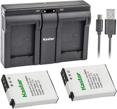 بطارية Kastar ENEL12 2X + شاحن USB مزدوج لكاميرات Nikon EN-EL12، MH-65 Coolpix S9900، S9700، AW120، S9500، AW110، S70، S9600، S6300، S6200، S8100، S9100، S800c، S31 + المزيد in Kuwait