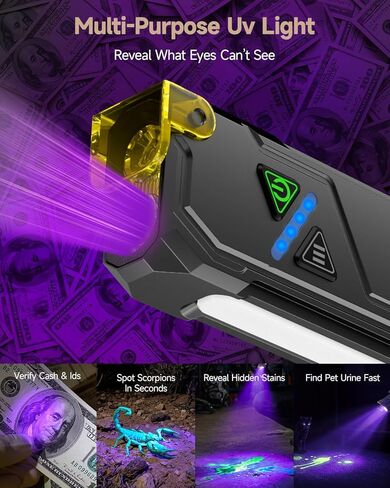 مصباح يدوي SKYFIRE EDC 1200 لومن قابل لإعادة الشحن، مصباح يدوي للأشعة فوق البنفسجية متعدد الألوان، مصباح جيب مغناطيسي مع مشبك، شحن سريع USB-C، مصابيح يدوية مسطحة تكتيكية صغيرة للتخييم في حالات الطوارئ in Kuwait