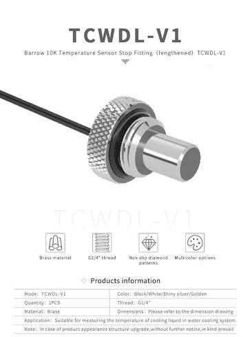 Barrow G1/4" 10K Temperature Stop/Plug Fitting - Long Version - Silver (TCWDL-V1-Silver) in Kuwait