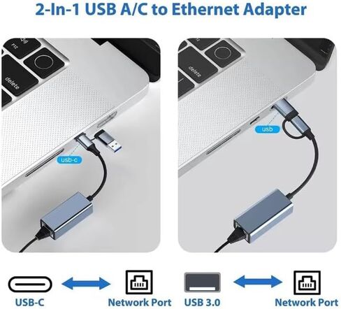 محول شبكة USB 3.0 جيجابت إيثرنت LAN RJ45 بسرعة 1000 ميجابت في الثانية لأجهزة Windows PC Mac (2 في 1 USB A وC) in Kuwait