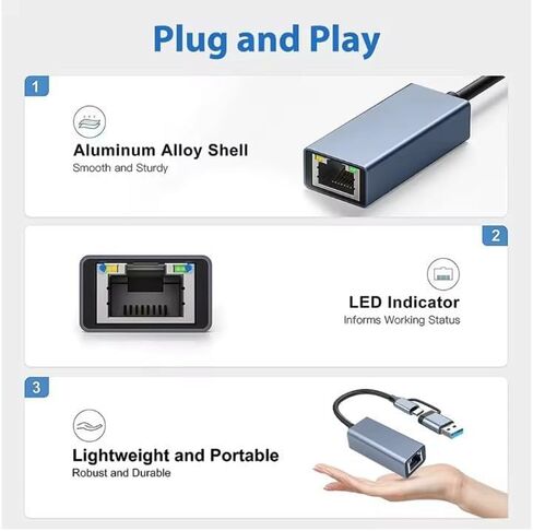 محول شبكة USB 3.0 جيجابت إيثرنت LAN RJ45 بسرعة 1000 ميجابت في الثانية لأجهزة Windows PC Mac (2 في 1 USB A وC) in Kuwait