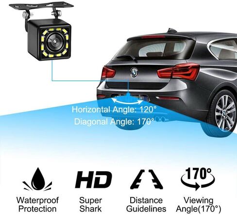 Car Backup Camera Waterproof, 170° Wide Angle Rear View Camera with 12 LED Night Vision, Universal Reversing Assist Parking Camera for Vehicle Truck SUV RV Pickup, 12-24V, RCA Cable in Kuwait