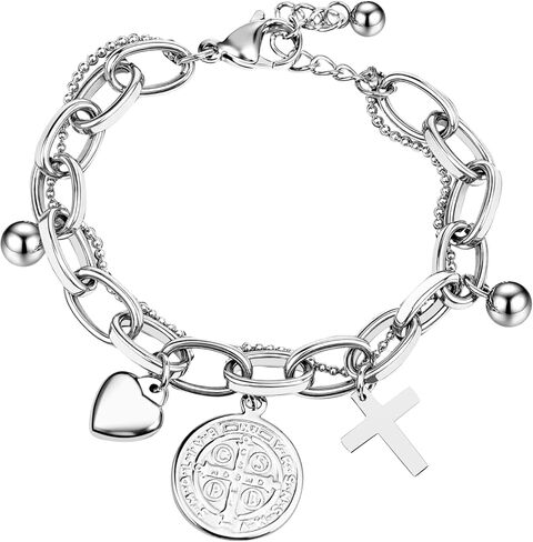Saint Benedict Cross Bracelet for Women, Silver Stainless Steel Adjustable Layered Link Paperclip Bracelets Jewelry Gifts in Saudi Arabia