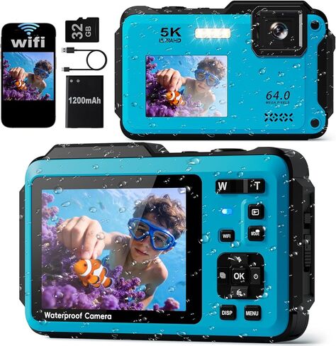 5K Underwater Digital Camera,64MP Waterproof Camera,16FT Floating Camera for Snorkeling,Scuba Diving,Surfing,Swimming & Kayaking,Autofocus,Dual-Screen,16X Zoom,Fill Light,32GB Card,Type-C Rechargeable in Kuwait