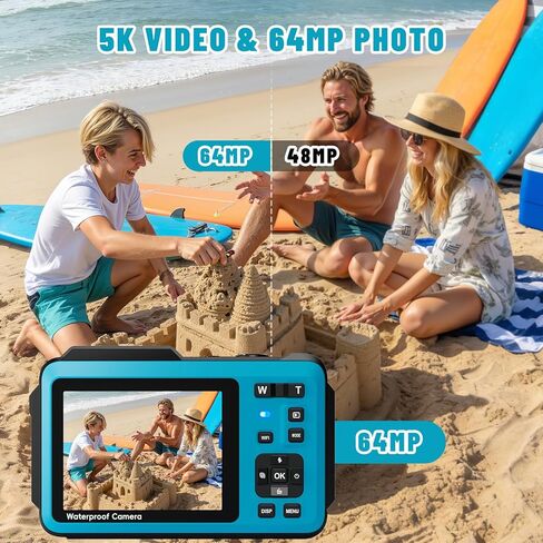 5K Underwater Digital Camera,64MP Waterproof Camera,16FT Floating Camera for Snorkeling,Scuba Diving,Surfing,Swimming & Kayaking,Autofocus,Dual-Screen,16X Zoom,Fill Light,32GB Card,Type-C Rechargeable in Kuwait