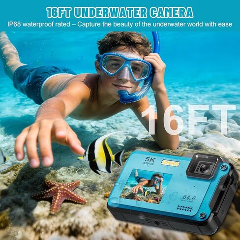 5K Underwater Digital Camera,64MP Waterproof Camera,16FT Floating Camera for Snorkeling,Scuba Diving,Surfing,Swimming & Kayaking,Autofocus,Dual-Screen,16X Zoom,Fill Light,32GB Card,Type-C Rechargeable in Kuwait