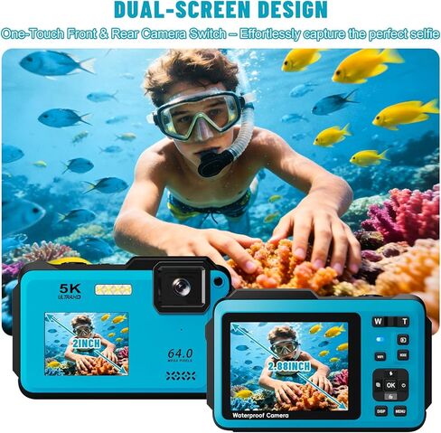 5K Underwater Digital Camera,64MP Waterproof Camera,16FT Floating Camera for Snorkeling,Scuba Diving,Surfing,Swimming & Kayaking,Autofocus,Dual-Screen,16X Zoom,Fill Light,32GB Card,Type-C Rechargeable in Kuwait