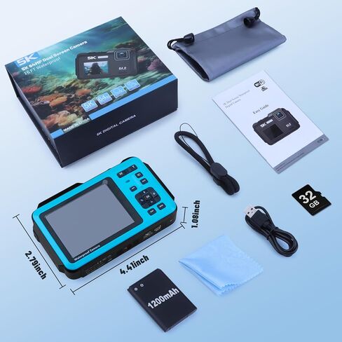 5K Underwater Digital Camera,64MP Waterproof Camera,16FT Floating Camera for Snorkeling,Scuba Diving,Surfing,Swimming & Kayaking,Autofocus,Dual-Screen,16X Zoom,Fill Light,32GB Card,Type-C Rechargeable in Kuwait