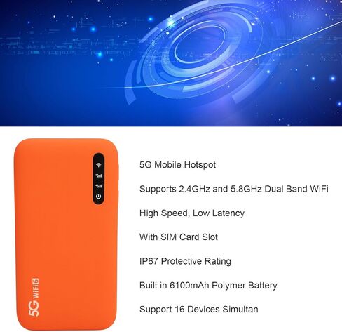 راوتر هوت سبوت متنقل 5G، نطاق عالي السرعة محمول مع فتحة بطاقة SIM يدعم 16 جهازًا، بطارية 6100 مللي أمبير في الساعة، المزيد من هذا الضوء سهل in Kuwait
