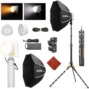 مصباح فيديو Godox ML100Bi 120 وات LED مع قبضة بطارية/حامل إضاءة ثنائي اللون 2800K-6500K 33200Lux@1m، إضاءة COB مستمرة للإخراج CRI 97+ TLCI 98+، التحكم في التطبيق، شحن USB-C، 11 تأثيرات FX in Kuwait