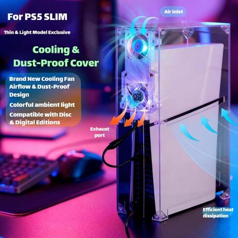 غطاء غبار XYYORITRIX لتبديد الحرارة لجهاز PS5 Slim، غطاء غبار مع مروحة تركيب عمودي مادة أكريليك شفافة سهلة التنظيف متوافقة مع القرص والإصدارات الرقمية in Kuwait