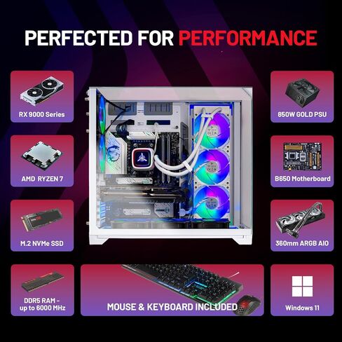 Skytech Gaming O11 Vision Gaming PC, AMD Ryzen 7 7700X 4.5GHz, AMD RX 9070XT 16GB VRAM, 1TB Gen4 NVMe SSD, 32GB DDR5 RAM 6000, 850W Gold ATX 3 PSU, 360 ARGB AIO, WI-FI 5, Windows 11, Desktop in Kuwait