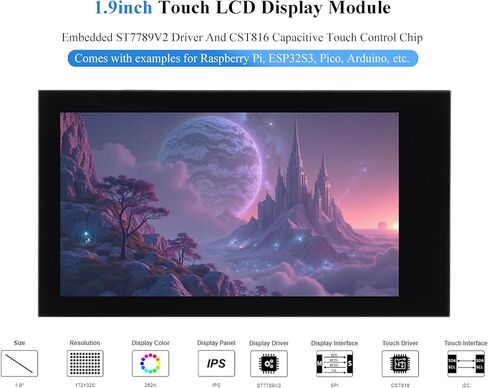 1.9inch Touch LCD Display Module, Micro LCD Display, 172x320 Resolution, IPS, SPI and I2C Communication, 262K Display Color, Compatible with Raspberry Pi, ESP32S3, Pico, etc. in Kuwait