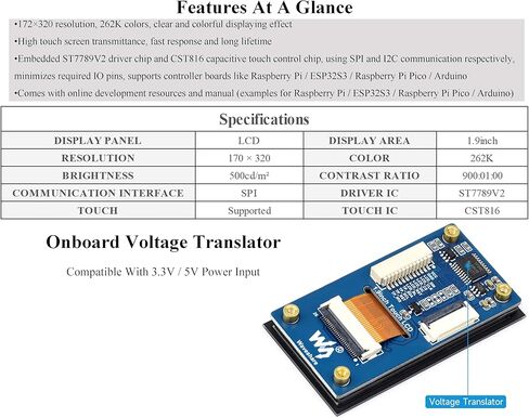 1.9inch Touch LCD Display Module, Micro LCD Display, 172x320 Resolution, IPS, SPI and I2C Communication, 262K Display Color, Compatible with Raspberry Pi, ESP32S3, Pico, etc. in Kuwait