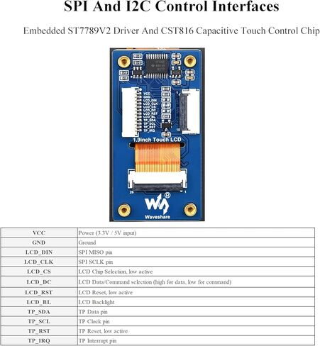 1.9inch Touch LCD Display Module, Micro LCD Display, 172x320 Resolution, IPS, SPI and I2C Communication, 262K Display Color, Compatible with Raspberry Pi, ESP32S3, Pico, etc. in Kuwait