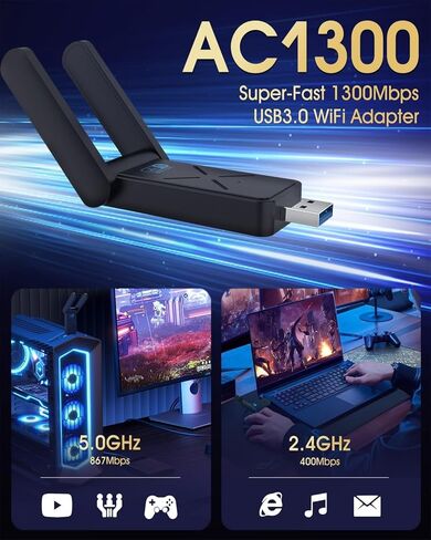 محول واي فاي USB 3.0 لاسلكي للكمبيوتر المكتبي، محول شبكة USB WiFi ثنائي النطاق بسرعة 1300 ميجا بت في الثانية للكمبيوتر الشخصي مع 2.4 جيجا/400 ميجا بت في الثانية 5 جيجا/867 ميجا بت في الثانية، هوائيات مزدوجة 5 ديسيبل، دونجل واي فاي لاسلكي لنظام التشغيل Win in Kuwait