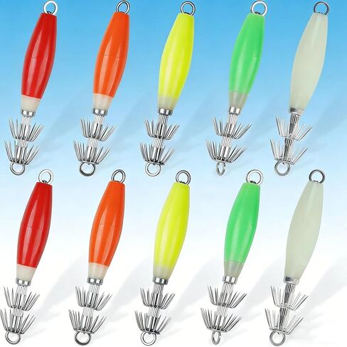 Glow Squid Jigs Kit, 10 Pcs-Maximize Your Night Catch with These High-Intensity Glowing Lures. Saltwater-Ready, Durable Hooks Included in a Convenient Tackle Box for Instant Fishing. in Kuwait