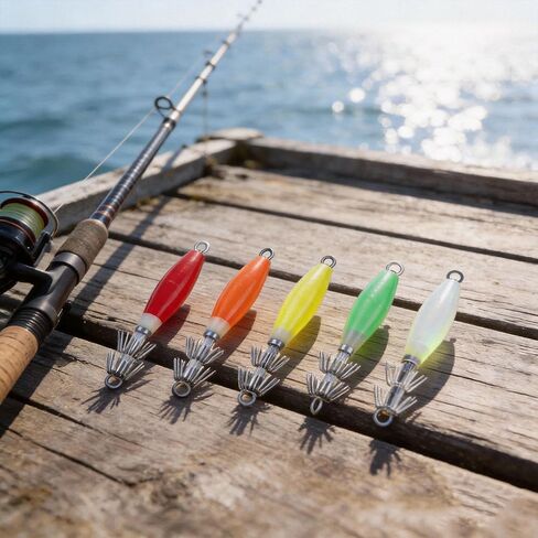 Glow Squid Jigs Kit, 10 Pcs-Maximize Your Night Catch with These High-Intensity Glowing Lures. Saltwater-Ready, Durable Hooks Included in a Convenient Tackle Box for Instant Fishing. in Kuwait