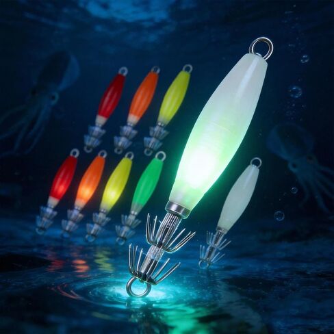 Glow Squid Jigs Kit, 10 Pcs-Maximize Your Night Catch with These High-Intensity Glowing Lures. Saltwater-Ready, Durable Hooks Included in a Convenient Tackle Box for Instant Fishing. in Kuwait