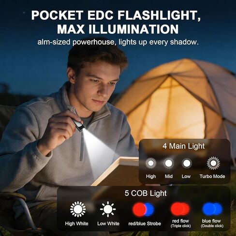 Small EDC Flashlight Rechargeable, 1600 High Lumen Pocket Flash Light with Clip, 9 Modes Portable Magnetic Flat Flashlight Waterproof Compact Flashlight for Working, Camping, Emergency (2Pack) in Saudi Arabia