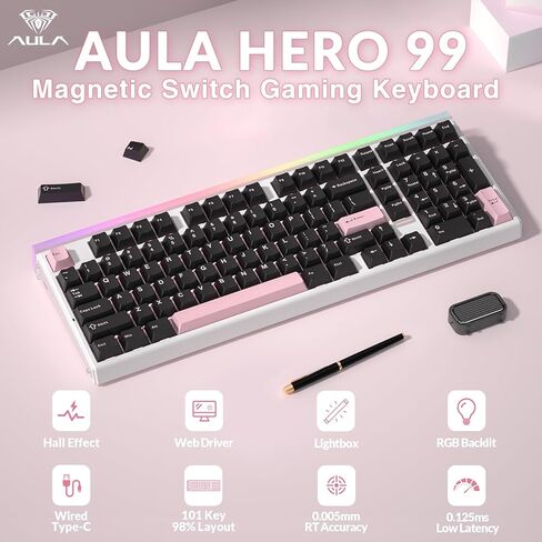 مجموعة لوحة مفاتيح وماوس Aula Hall Effect، لوحة مفاتيح Aula Hero99 Hall Effect Keyboard SC620 ماوس لاسلكي in Kuwait