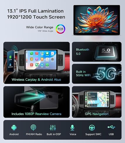 ستيريو راديو السيارة 13 بوصة 8 النواة 4+64 جيجابايت لسيارة جيب رانجلر JL Gladiator JT 2019-2023، CarPlay اللاسلكي وAndroid Auto، شاشة لمس 5G WiFi HD، GPS Nav، بلوتوث FM/AM، يدعم كاميرا النسخ الاحتياطي OEM HD، SWC in Kuwait