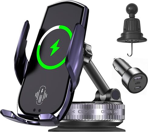 15W Wireless Fast Car Charger, Auto-Clamping Car Phone Holder with Rotating Vacuum Suction, Smart Sensor, 360° Adjustable Dashboard & Windshield Mount for iPhone & Samsung (Dark Purple) in Saudi Arabia