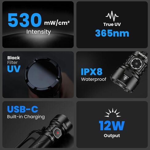 sofirn SR15 UV Black Light 365nm UV Flashlight Rechargeable with Filter Lens, 4 LED High Power Ultraviolet Blacklight IPX8 Waterproof for Resin Curing, Pet Stain Finder, Mineral Rocks, Scorpions in Kuwait