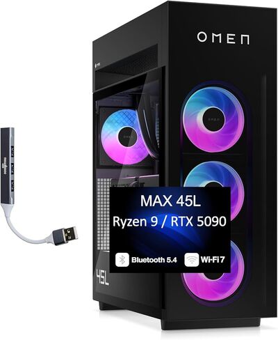 كمبيوتر مكتبي للألعاب HP OMEN MAX 45L (AMD Ryzen 9 9900X3D، GeForce RTX 5090 32GB GDDR7، 128GB DDR5، 8TB PCIe SSD، مراوح RGB، 360mm AIO، 1200W PSU، WiFi 7، Win 11 Pro) مع موسع منفذ USB DKZ in Kuwait