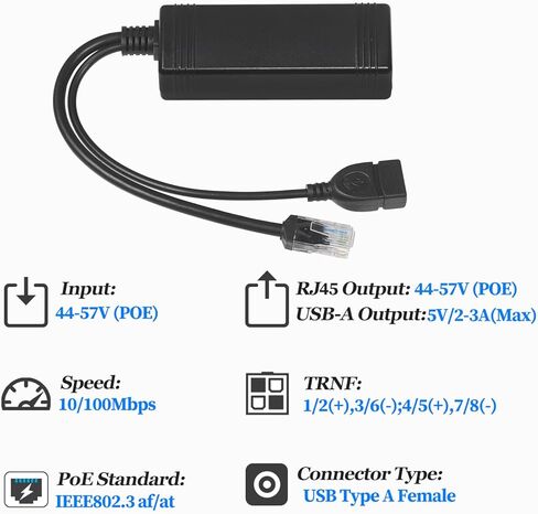 PoE Splitter with 5V USB-A Output and PoE Output, 48V to 5V/3A USB Type A Female, Total 30W Output, Comply IEEE 802.3af/at, 10/100Mbps, for IP Cameras & Wireless AP(PD3008B) in Kuwait