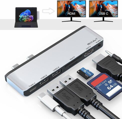 قاعدة تركيب Surface Pro 12، موزع USB ومحول مع HDMI 4K، USB-C Thunderbolt 4 (شاشة + بيانات + 100 واط PD)، 2 USB 3.0، صوت 3.5 مم، فتحة بطاقة SD/TF لجهاز Surface Pro 12 بوصة 2025 in Kuwait