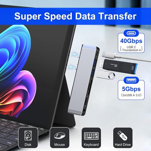 قاعدة تركيب Surface Pro 12، موزع USB ومحول مع HDMI 4K، USB-C Thunderbolt 4 (شاشة + بيانات + 100 واط PD)، 2 USB 3.0، صوت 3.5 مم، فتحة بطاقة SD/TF لجهاز Surface Pro 12 بوصة 2025 in Kuwait