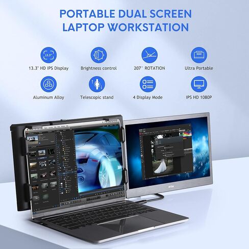 شاشة P1 Plus المحمولة لموسع شاشة الكمبيوتر المحمول 13.3 بوصة شاشة مزدوجة خارجية FHD 1080P IPS عرض شاشات مزدوجة 2 نوع C/1 HDMI، للكمبيوتر المحمول 13-16.5 بوصة Mac Windows Phone in Kuwait
