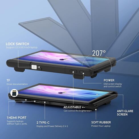 شاشة P1 Plus المحمولة لموسع شاشة الكمبيوتر المحمول 13.3 بوصة شاشة مزدوجة خارجية FHD 1080P IPS عرض شاشات مزدوجة 2 نوع C/1 HDMI، للكمبيوتر المحمول 13-16.5 بوصة Mac Windows Phone in Kuwait