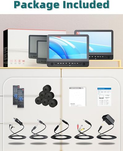 DESOBRY 12.5 بوصة مشغل DVD للسيارة بشاشة مزدوجة، مشغل DVD لمسند الرأس قابل لإعادة الشحن مع وقت تشغيل 5 ساعات، مشغل DVD محمول بدون منطقة للأطفال، تشغيل مزامنة، مخرج HDMI/USB/AV، أساسيات رحلة الطريق in Kuwait