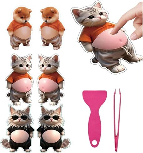 6Pcs 3D Cute Cat Belly Stickers, Soft Squeezable Cartoon Cat Decals with Belly Design for Laptop Water Bottle Skateboard, Come with Scraping Tool & Tweezers in Kuwait