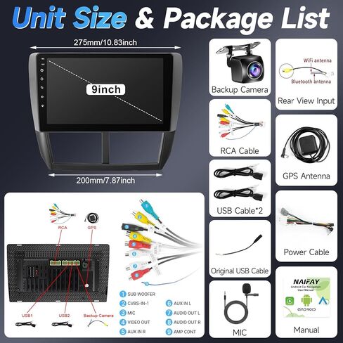 Naifay 8Core Android Car Radio for Subaru Forester Impreza WRX 2008-2012 ستيريو، شاشة لمس 9 بوصة لراديو Subaru Forester مع CarPlay Android Auto/Bluetooth/GPS/WiFi/FM/SWC/Camera+MIC in Kuwait