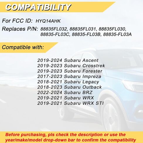 Vurkcy Key Fob Replacement for 2017-2023 Subaru Impreza Outback/ 19-23 Crosstrek Forester/ 19-24 Ascent/ 18-21 Legacy WRX/ 22-24 BRZ Car Keyless Entry Remote Control, HYQ14AHK, 4-Btn in Kuwait