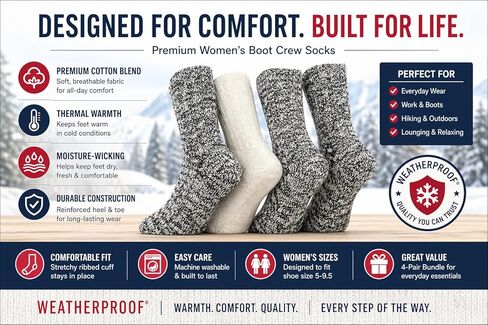 Weatherproof Boot Crew Socks for Womens,Warm,Soft Cotton Blend,Show Size 5-9.5 (4 Pack_ in Saudi Arabia